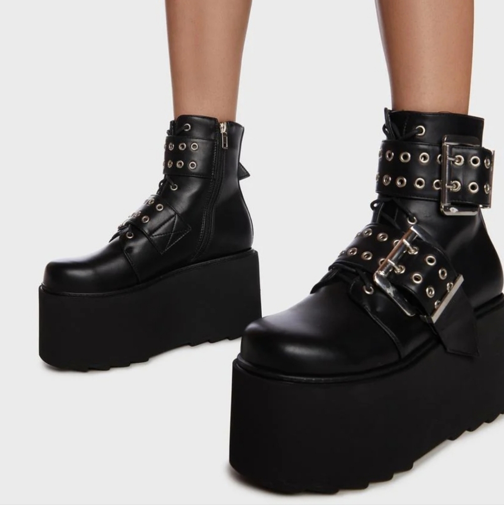 Dolls Kill LAMODA Double Buckle Grommet Strap Platform Lace-Up + Zip-Up Booties